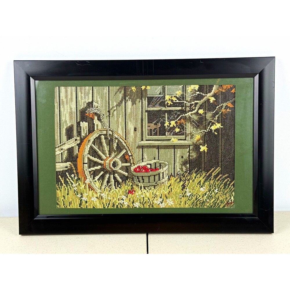 Framed Finished Cross Stitch Needlework Wall Hanging Wagon Wheel Scene Black